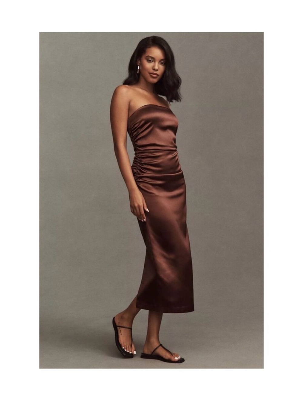 Anthropologie Satin Strapless Midi Dress in Chocolate BHLDN Selena